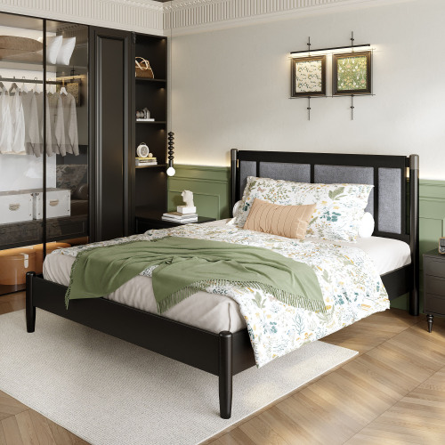 Solid Wood Queen Bed, Heavy Duty 500 lbs Support, No Box Spring Needed, Black Upholstered Headboard with Metal Handles - Black,DARK GREY - Acacia Wood,Solid Wood+MDF - DARK GREY - Acacia Wood