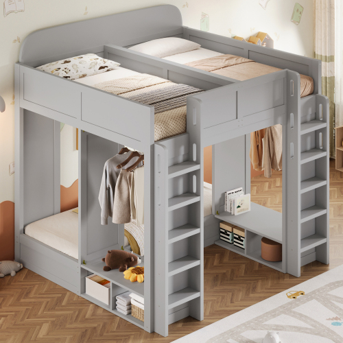 Triple Bunk Bed with Storage Shelves and Hooks, Twin +Twin over Twin XL,Gray - Wood