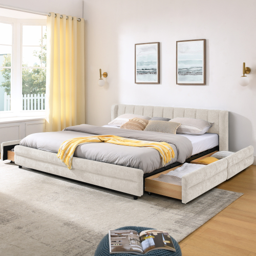 King Size Upholstered Bed Frame with Thick Fabric, comfortable upholstered bed frame, Chenille fabric, with headboard and solid bed frame. With drawer for storage-Beige(86.5''*84''*29.5'') - Foam