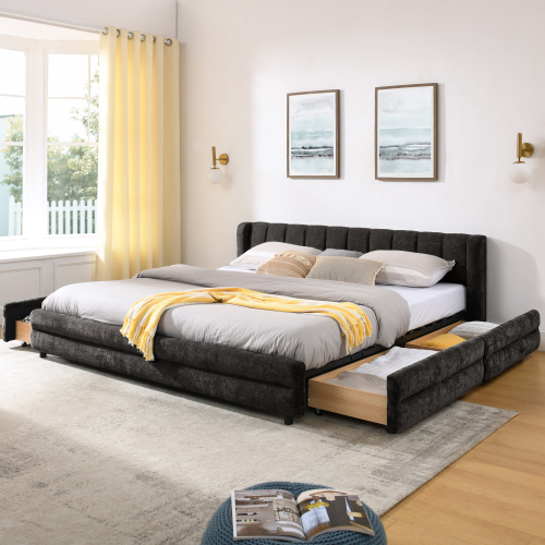 King Size Upholstered Bed Frame with Thick Fabric, comfortable upholstered bed frame, Chenille fabric, with headboard and solid bed frame. With drawer for storage-Dark Gray(86.5''*84''*29.5'') - Foam