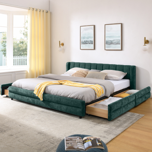King Size Upholstered Bed Frame with Thick Fabric, comfortable upholstered bed frame, Chenille fabric, with headboard and solid bed frame. With drawer for storage--Blue+Green(86.5''*84''*29.5'') - Foam