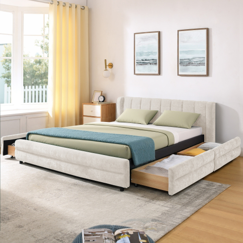 Queen Size Upholstered Bed Frame with Thick Fabric, comfortable upholstered bed frame, Chenille fabric, with headboard and solid bed frame. With drawer for storage-Beige(86''*68.5''*67'') - Foam