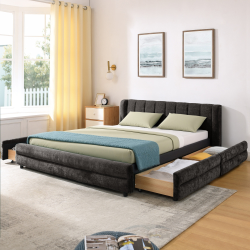 Queen Size Upholstered Bed Frame with Thick Fabric, comfortable upholstered bed frame, Chenille fabric, with headboard and solid bed frame. With drawer for storage-Dark Gray(86''*68.5''*67'') - Foam