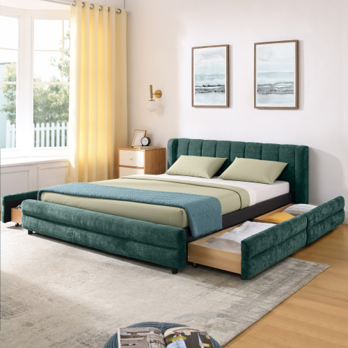 Queen Size Upholstered Bed Frame with Thick Fabric, comfortable upholstered bed frame, Chenille fabric, with headboard and solid bed frame. With drawer for storage-Blue+Green(86''*68.5''*67'') - Foam