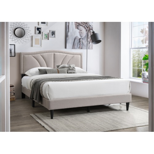 Modern Vintage 1pc Full Size Bed Light Brown Burlap Fabric Nailhead Trim Accents Headboard Bedframe - Contemporary,Modern - Bedroom - Bed Frame - Wood - Box Spring Not Required