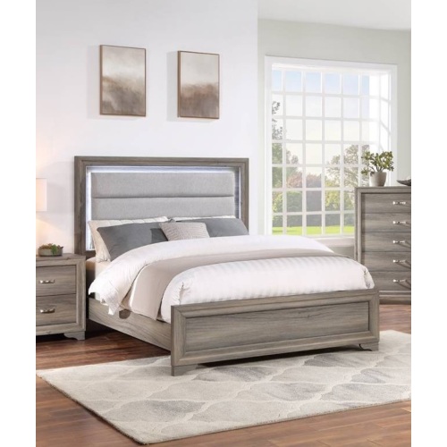 1pc Eastern King Size Bed Horizontal Tufting Headboard LED Lights Light Brown Finish Bedroom Furniture - Burlap - Modern - Bed Frame - Wood - Box Spring Not Required
