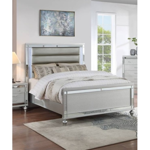 Eastern King Size 1pc Bed Built In LED Lights Glass Panel Round Gourd Legs Horizontal Tufting Silver Finish Bedroom Furniture - Acacia Wood,Faux Leather,Glass,MDF - Modern - Bed Frame - Wood - Box Spring Required