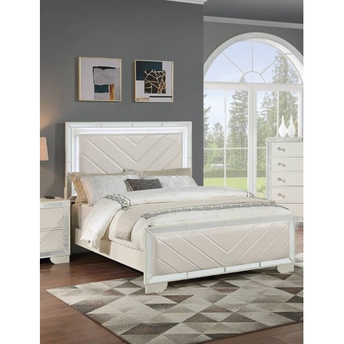 Contemporary Style 1pc Eastern King Size Upholstered Headboard And Footboard Built In LED Lights Bedroom Furniture - Cream - Acacia Wood,Faux Leather,Glass,MDF - Modern - Bed Frame - Wood - Box Spring Not Required