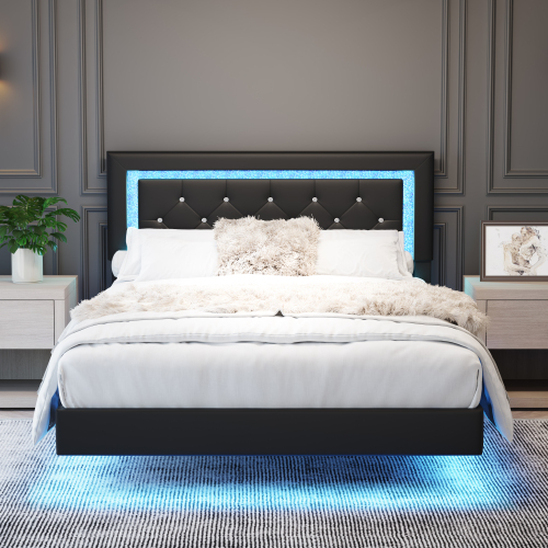 Full Size Bed Frame with Headboard, Floating Bed Frame with LED Lights, Upholstered Platform Bed with Diamond Tufted Headboard, No Box Spring Required, Black - PU Leather,Wood+Metal - Bedroom - Box Spring Not Required - Engineered Hardwood - Nature - Faux Leather - Metal