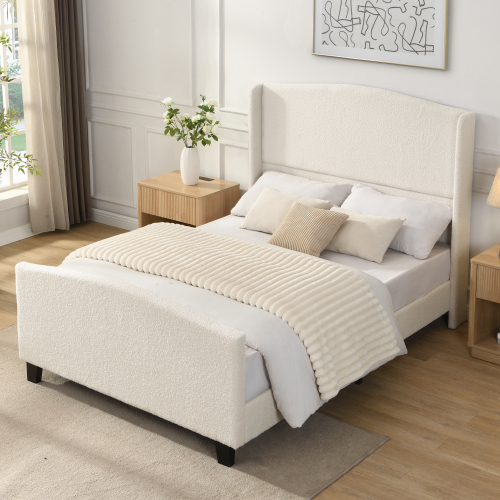 Full Size Bed Frame with 49.21"High Back Upholstered Headboard and 27.17" High Footboard,Teddy Velvet,12 Slat Support,Solid Wood Feet,No Box Spring Needed(beige) - MDF+Metal,Plywood,Solid Wood - Bedroom - Box Spring Not Required