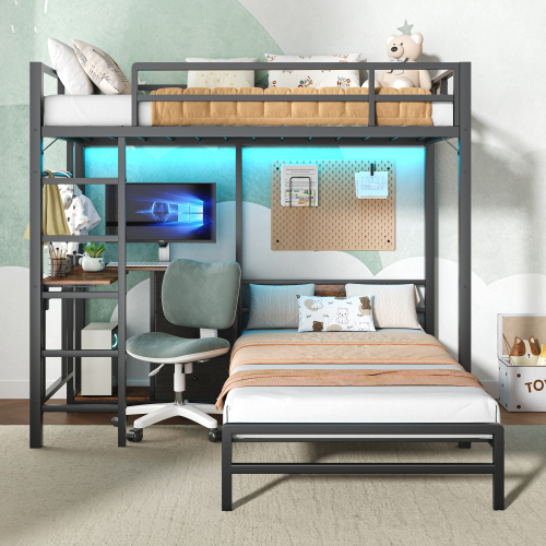 Bunk Bed with Folding Table, 3 storage drawers, made of metal, suitable for a single bed, equipped with LED lights and charging stations, bunk bed with safety railings and ladder, space-saving, black. - Steel - Bedroom - Twin