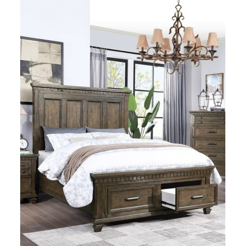 1pc California King Size Panel Headboard Bed Footboard Drawers Traditional Brown Finish Bedroom Furniture - Fabric,Wood - Bed Frame - Wood - Box Spring Required