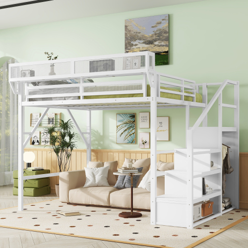 Queen Size Loft Bed with Stairs, Metal Queen Loft Bed with Storage Shelves, High Loft Bed with Wardrobe for Kids Teens, White, Patent Products