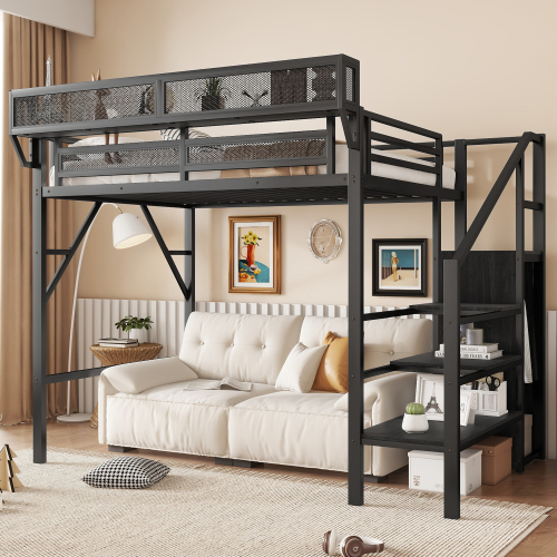 Twin Size Loft Bed with Stairs, Metal Full Loft Bed with Storage Shelves, High Loft Bed with Wardrobe for Kids Teens, Black
