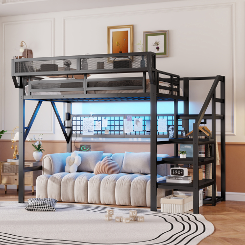 Queen Size Loft Bed with Stairs, Metal Queen Loft Bed with Light and Storage, High Loft Bed with Wardrobe and Storage for Kids Teens Adults, Black(Old SKU W2580S00052 )