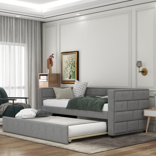 Twin Size Daybed with Trundle, Upholstered Daybed with Padded Back, Gray - Fabric