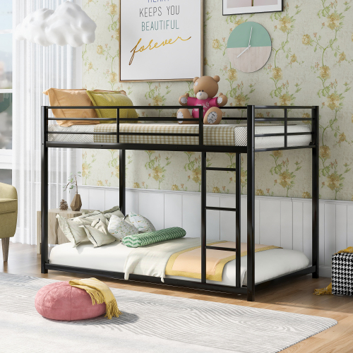 Twin over Twin Metal Bunk Bed, Low Bunk Bed with Ladder, Black(OLD SKU:WF282465AAB) - Steel - Steel