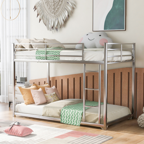 Twin over Twin Metal Bunk Bed, Low Bunk Bed with Ladder,Silver(OLD SKU:WF282465AAN) - Not Specified