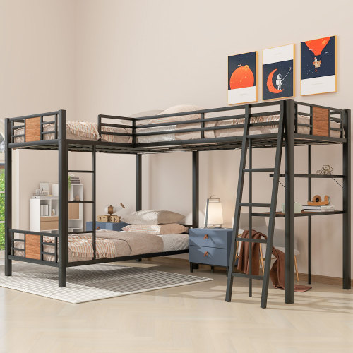 L-Shaped Twin over Twin Bunk Bed with Twin Size Loft Bed with Desk and Shelf ,Black - Steel
