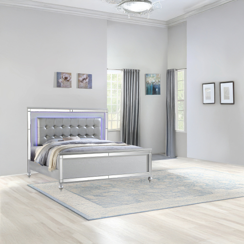 Sterling Queen Size Upholstered LED Bed made with wood in Silver Color - Solid Wood+MDF - Contemporary,Modern - Bedroom - Bed Frame
