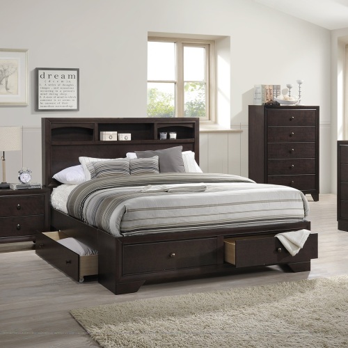 Modern bedroom Storage Eastern King Size Bed Drawers Storage Headboard Footboard 1pc Bed Only. - Brown Mix - Plywood - Modern,Transitional - Not Specified - Not Specified - Not Specified - Brown Mix - Plywood - Storage Included - Box Spring Not Required - Rubberwood - Brown - Wood