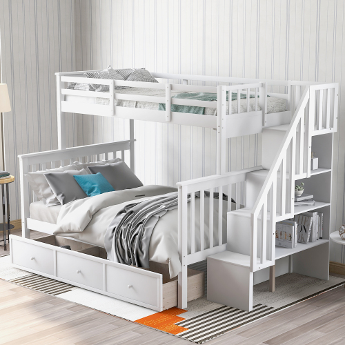 Stairway Twin-Over-Full Bunk Bed with Drawer, Storage and Guard Rail for Bedroom, Dorm, for Adults, White color(OLD SKU :LT000219AAK) - Solid Wood - Solid Wood