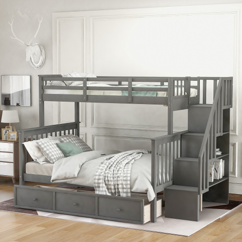 Stairway Twin-Over-Full Bunk Bed with Drawer, Storage and Guard Rail for Bedroom, Dorm, for Adults, Gray color(Old SKU: LT000219AAE) - Solid Wood - Solid Wood