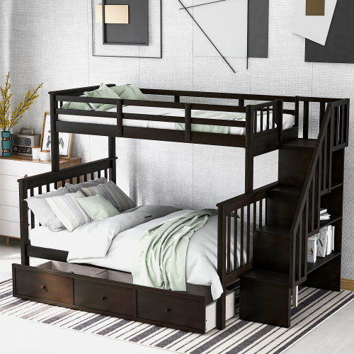 Stairway Twin-Over-Full Bunk Bed with Drawer, Storage and Guard Rail for Bedroom, Dorm, for Adults, Espresso color( old sku: LT000219AAP) - Solid Wood - Not Specified