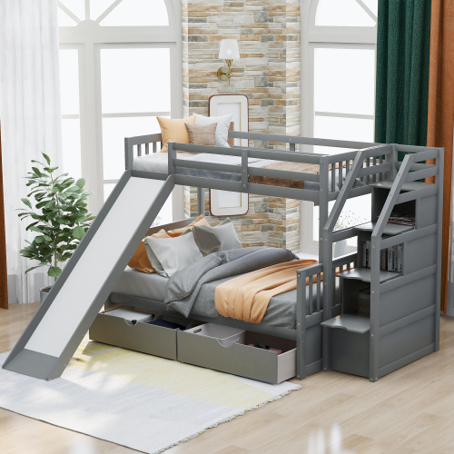 Twin over Full Bunk Bed with Drawers,Storage and Slide, Multifunction, Gray - Pine - Box Spring Not Required - Box Spring Not Required - Pine