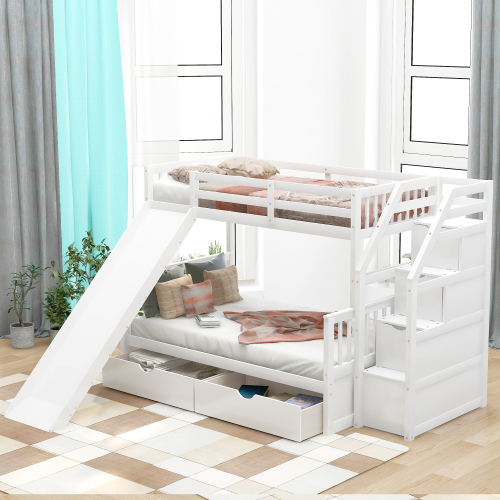 Twin over Full Bunk Bed with Drawers,Storage and Slide, Multifunction, White - Pine - Box Spring Not Required - Box Spring Not Required - Pine