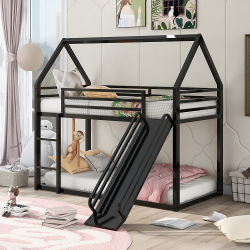 Twin over Twin House Bunk Bed with Ladder and Slide,Black - Metal - Metal