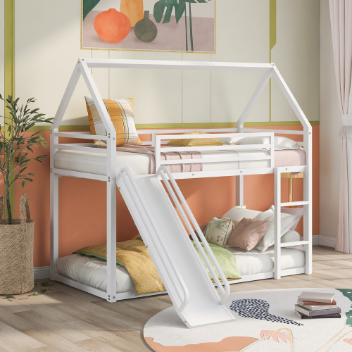 Twin over Twin House Bunk Bed with Ladder and Slide,White - Metal - Metal