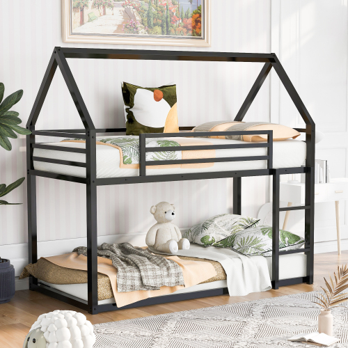 Twin over Twin House Bunk Bed with Built-in Ladder,Black - Metal - Metal