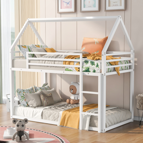 Twin over Twin House Bunk Bed with Built-in Ladder,White - Metal - Metal