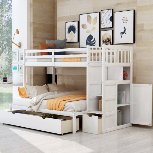 Twin over Full/Twin Bunk Bed, Convertible Bottom Bed, Storage Shelves and Drawers, White - Pine - Pine