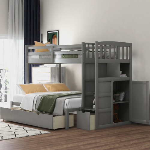 Twin over Full/Twin Bunk Bed, Convertible Bottom Bed, Storage Shelves and Drawers, Gray - Pine - Pine