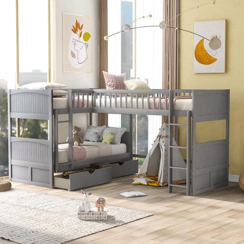 Twin Size Bunk Bed with a Loft Bed attached, with Two Drawers,Gray - Pine - Pine