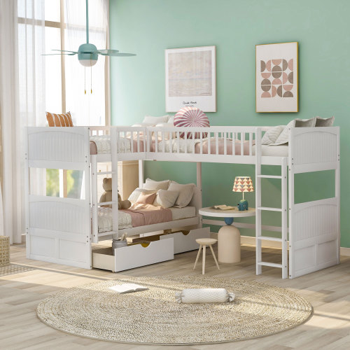 Twin Size Bunk Bed with a Loft Bed attached, with Two Drawers,White - Pine - Pine