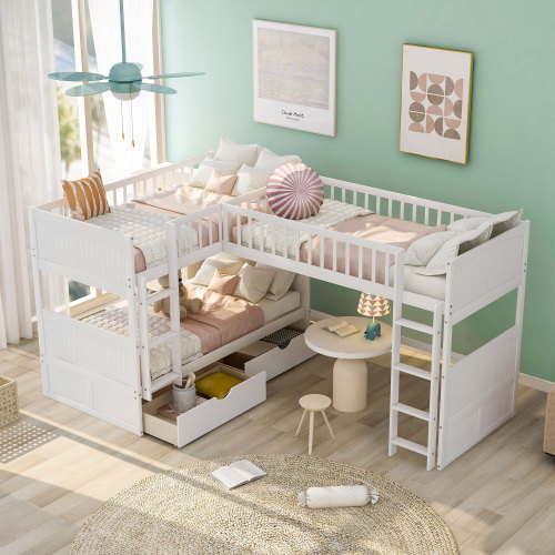 Twin Size Bunk Bed with a Loft Bed attached, with Two Drawers,White - Pine - Pine - White - Pine - White - Pine