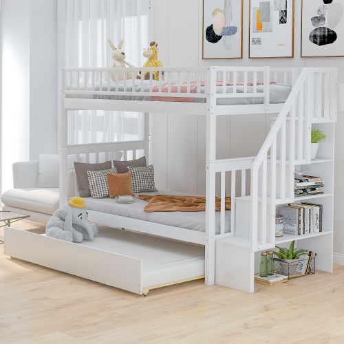 Twin over Twin Bunk Bed with Trundle and Storage, White - Pine - Pine