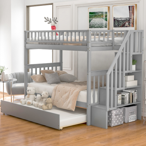 Twin over Twin Bunk Bed with Trundle and Storage, Gray - Pine - Pine