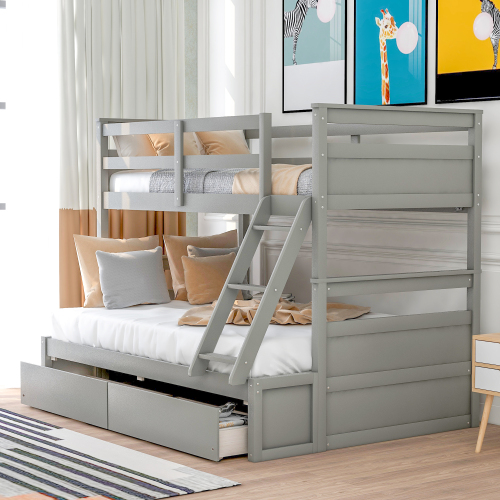 Twin over Full Bunk Bed with Storage - Gray(OLD SKU :LT000022AAE) - Solid Wood - Solid Wood