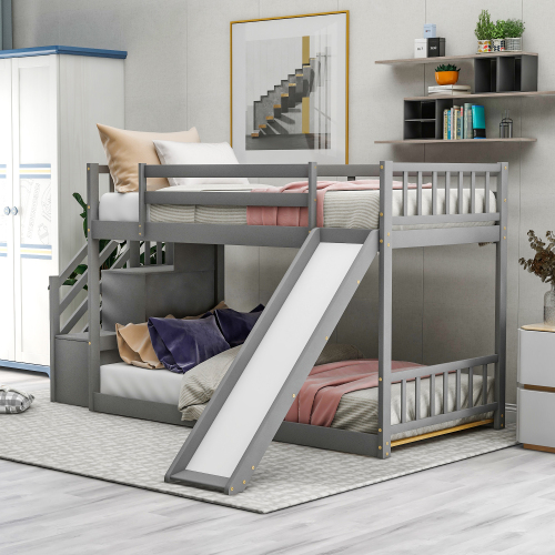 Twin over Twin Bunk Bed with Convertible Slide and Stairway, Gray - Pine - Pine