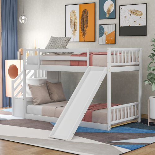 Twin over Twin Bunk Bed with Convertible Slide and Stairway, White - Pine - Pine