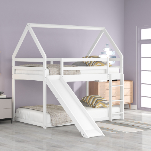 Twin Size Bunk House Bed with Slide and Ladder,White - Pine - Pine - Not Specified - Not Specified - Not Specified - Not Specified