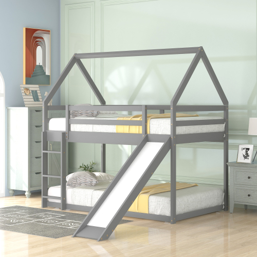 Twin Size Bunk House Bed with Slide and Ladder,Gray - Pine - Pine - Not Specified - Not Specified