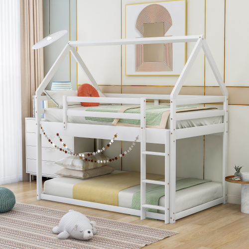 Twin over Twin Low Bunk Bed, House Bed with Ladder , White(OLD SKU:WF197808AAK) - Pine - Pine - Not Specified - Not Specified - Not Specified - Not Specified