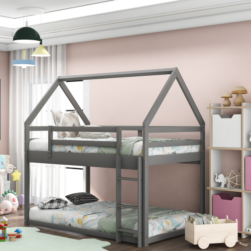 Twin over Twin Low Bunk Bed, House Bed with Ladder , Gray(OLD SKU:WF197808AAE) - Pine - Pine - Not Specified - Not Specified - Not Specified - Not Specified