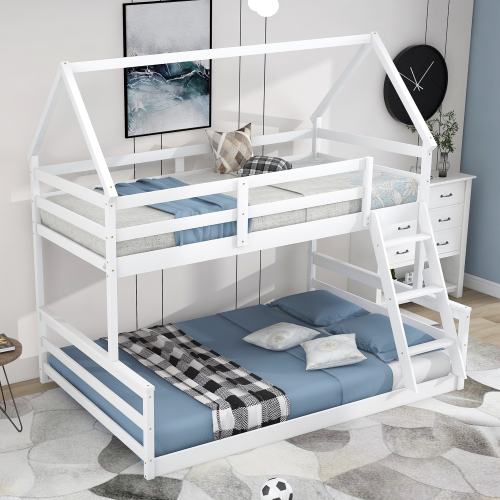 Twin over Full House Bunk Bed with Built-in Ladder,White - Pine - Box Spring Not Required - Pine - Not Specified - Not Specified - Box Spring Not Required - Wood