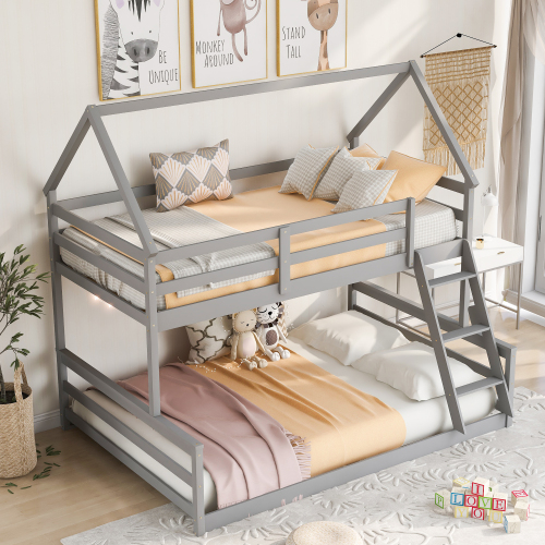 Twin over Full House Bunk Bed with Built-in Ladder,Gray - Pine - Box Spring Not Required - Pine - Not Specified - Not Specified - Box Spring Not Required - Wood